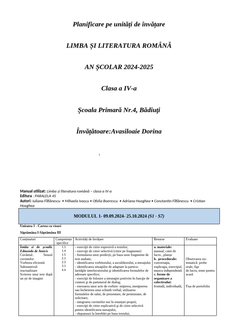 Planificare Unitati de Invatare Romana Clasa 4 Module | PDF
