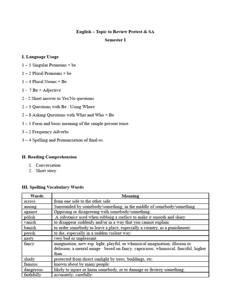 Topic To Review English Pretest - SA | PDF | English Language | Plural