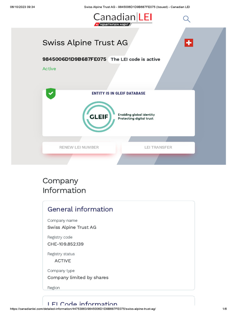 Swiss Alpine Trust AG LEI Details | PDF