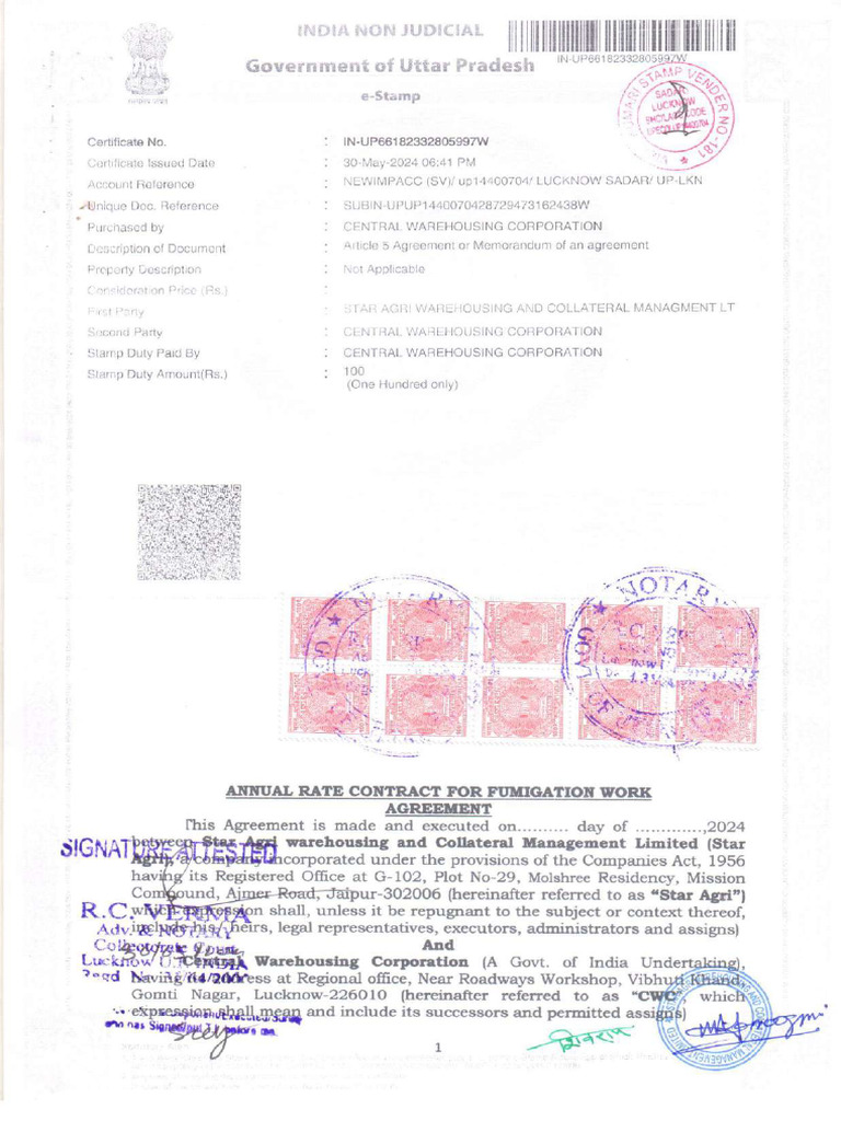 CWC Agreement With Star Agri For PCS Work | PDF