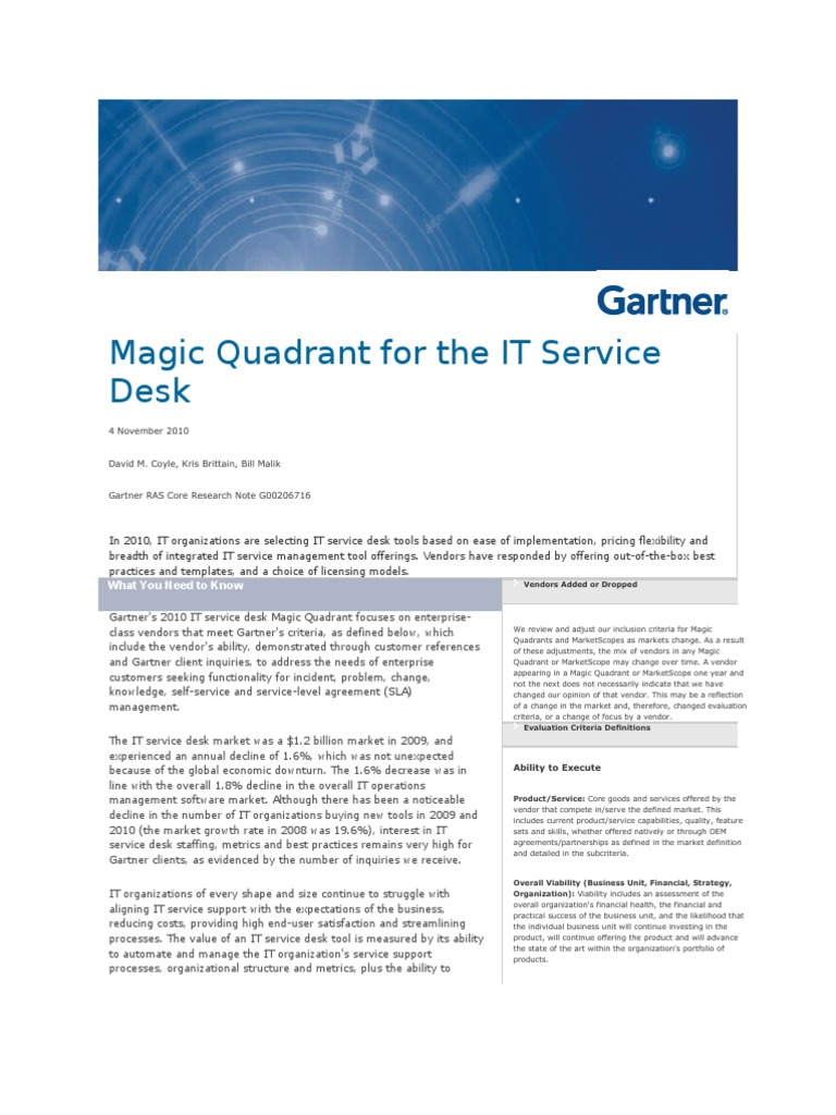 Magic Quadrant For The It Service Desk Strategic Management Sales