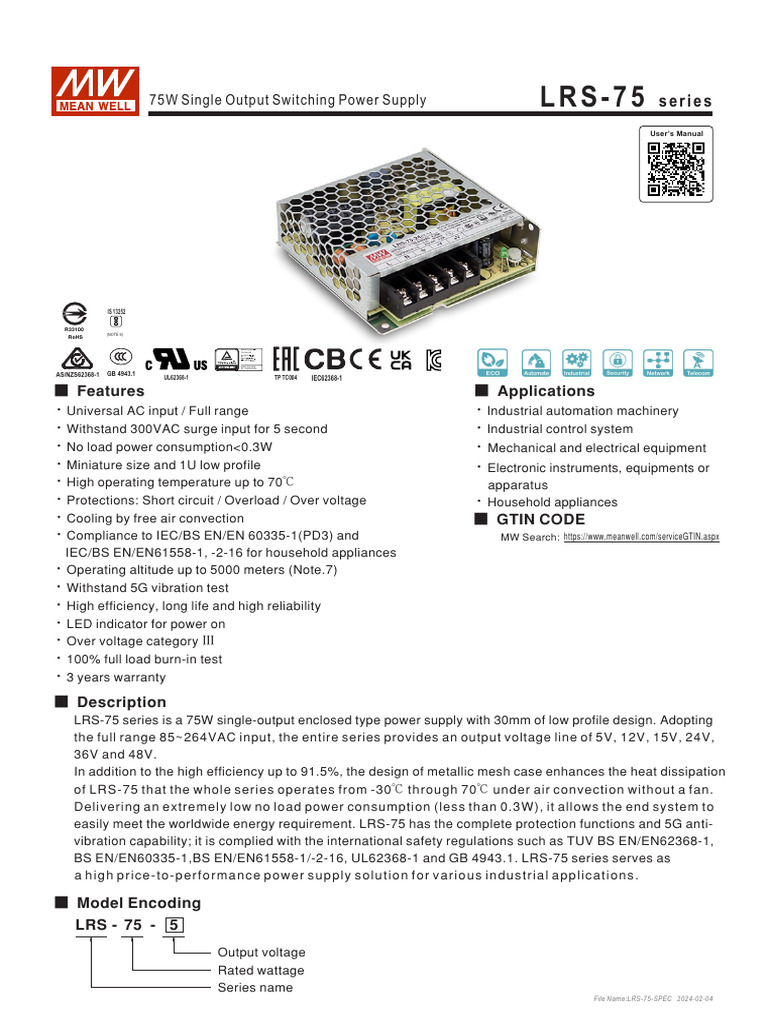 75W Single Output Power Supply LRS-75 | PDF | Power Supply | Electronic ...