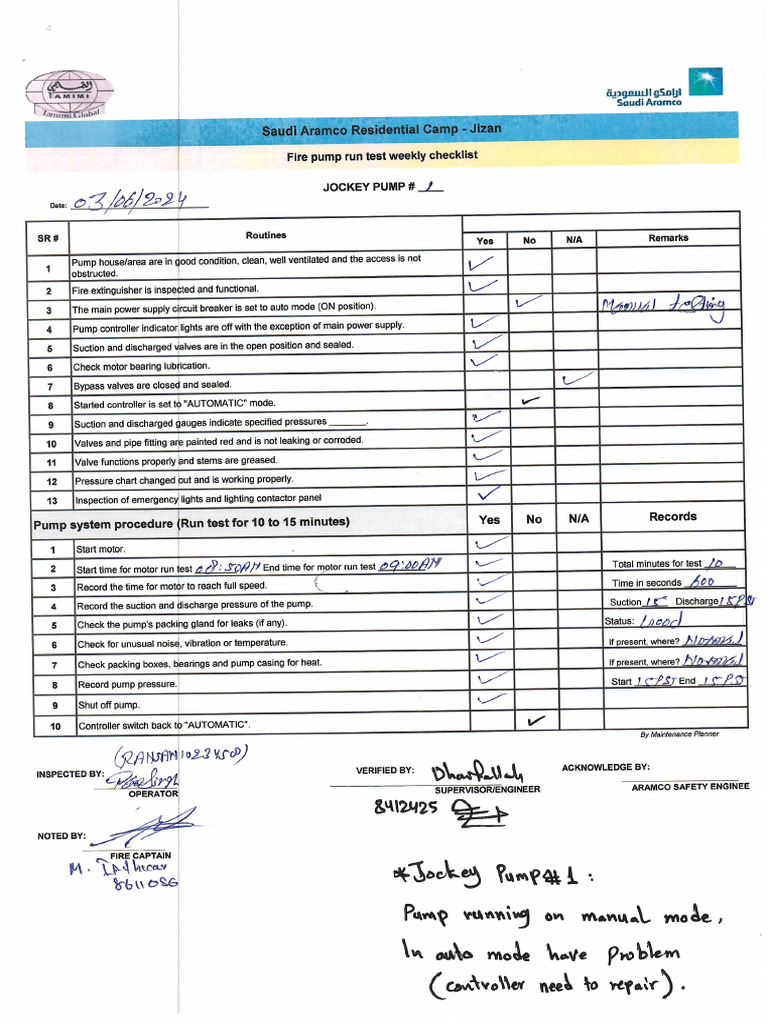 Fire Pump Weekly Run Test Report 03-June-24 | PDF