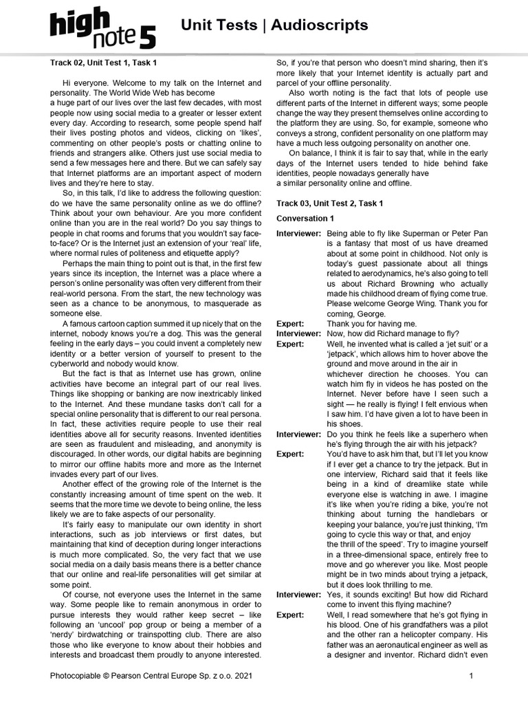 HighNote5 Unit Tests Audioscript | PDF | Body Language | Clothing
