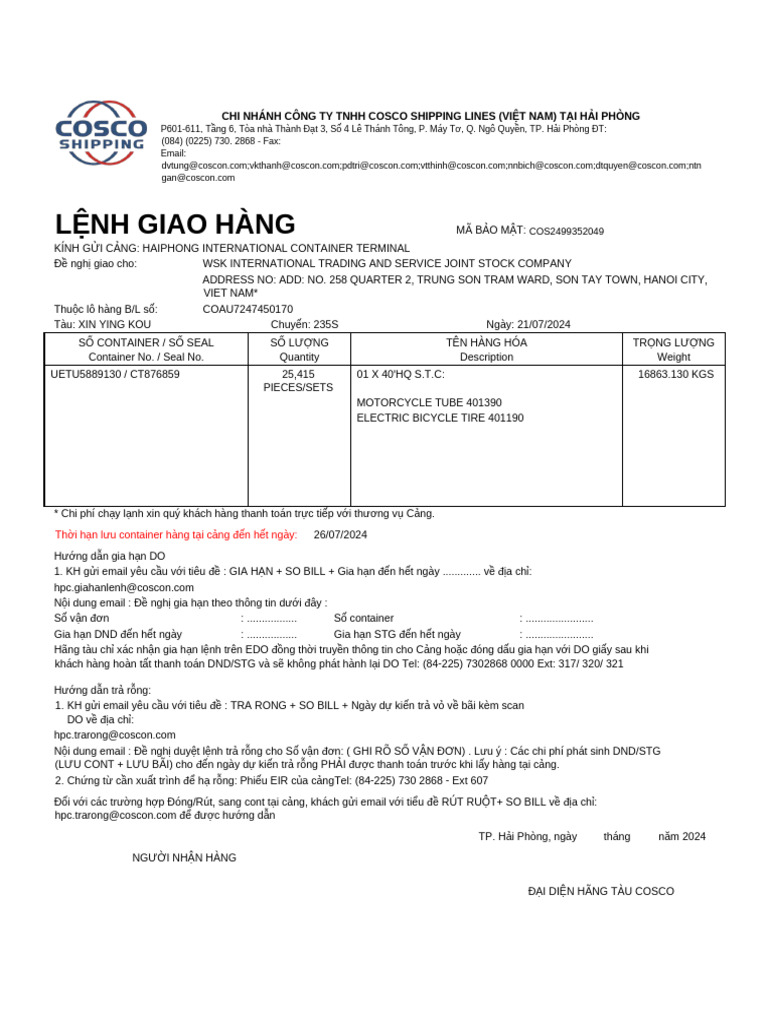 Lệnh Giao Hàng: Chi Nhánh Công Ty Tnhh Cosco Shipping Lines (Việt Nam