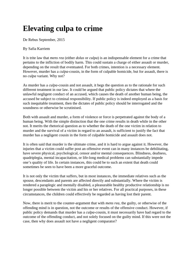 Elevating Culpa To Crime | PDF | Negligence | Assault