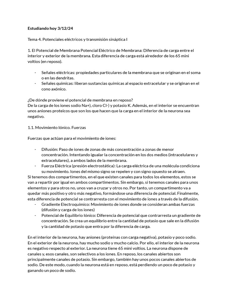Estudiando Hoy 3 - 12 - 24 | PDF | Potencial de acción | Potencial de ...