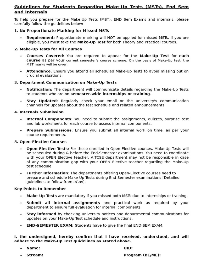 Make-Up Test Guidelines for Students | PDF