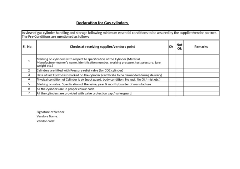 Gas Cylinder Safety Declaration Checklist | PDF