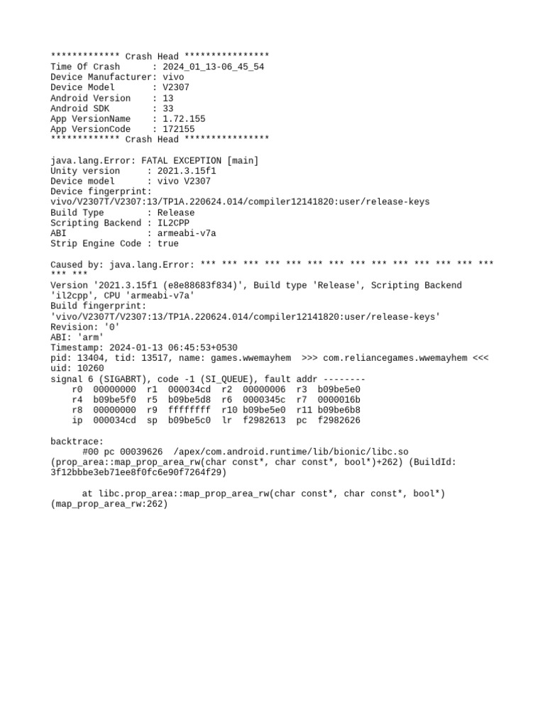 vivo V2307 Crash Log Analysis | PDF
