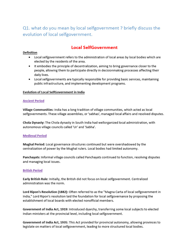 Evolution of Local Self-Government in India | PDF | Government Of India ...