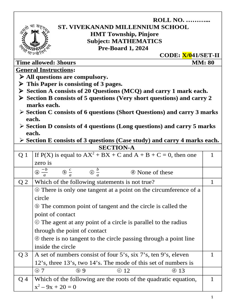 Mathematics Pre-Board Exam 2024 | PDF | Sphere | Elementary Geometry