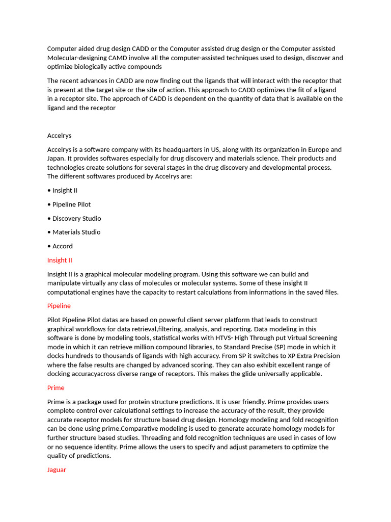 Software for Computer-Aided Drug Discovery | PDF | Docking (Molecular ...