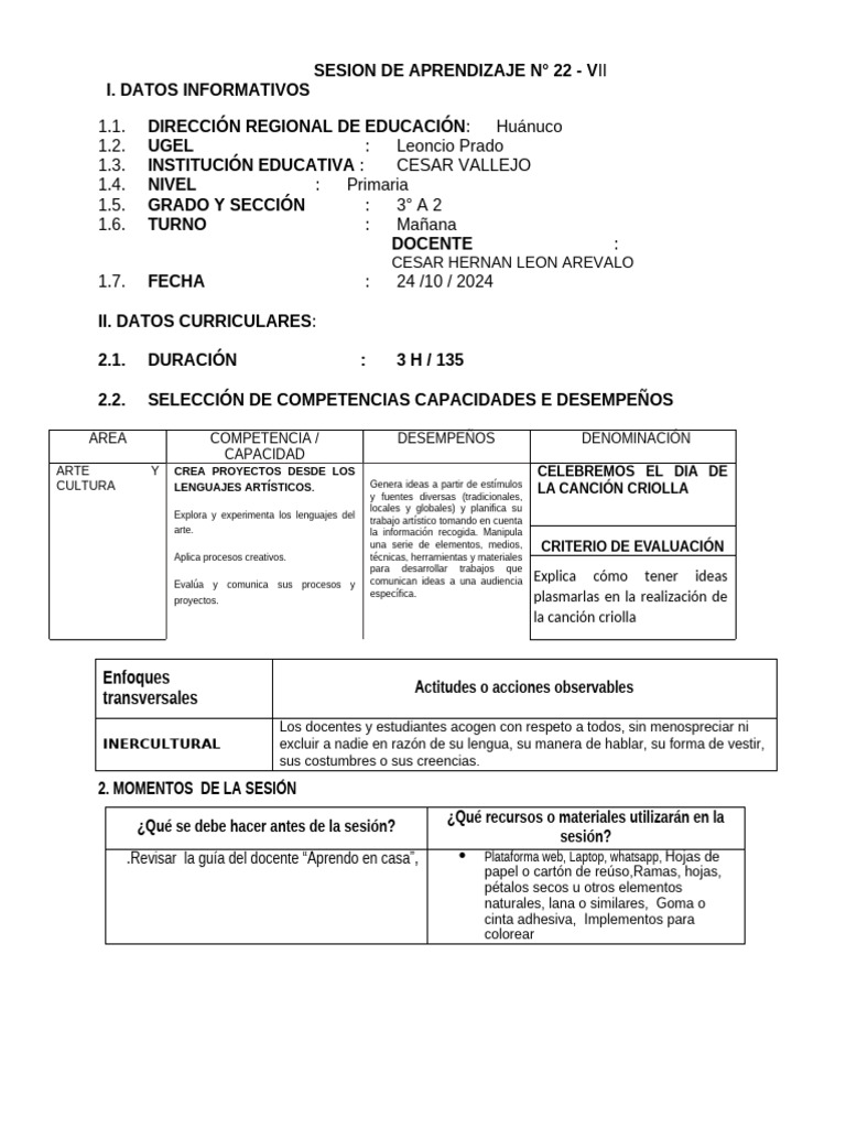 Sesion de Aprendizaje N 22 Vii Arte y Cultura 31 de Octubre de 2024 ...