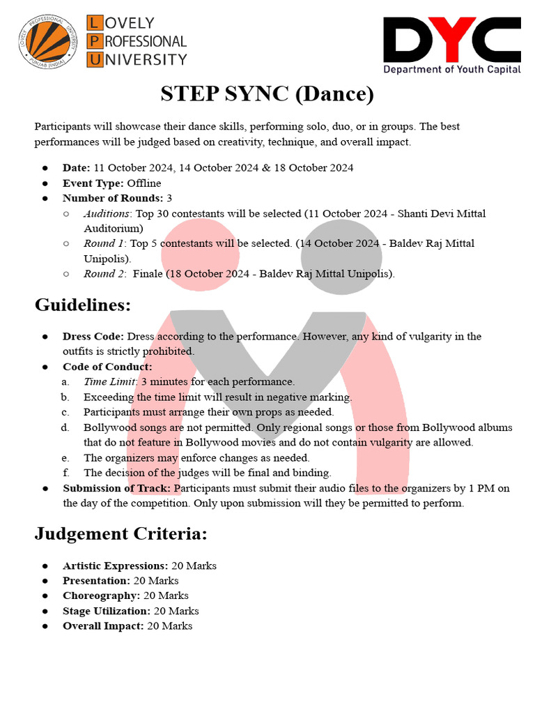 Step Sync Dance & Voice Competitions 2024 | PDF | Cooking | Creativity