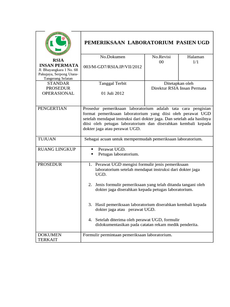 Prosedur Pemeriksaan Laboratorium UGD | PDF