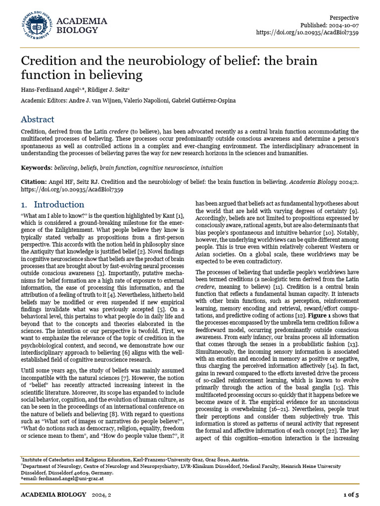 Credition: Neurobiology of Belief | PDF | Awareness | Consciousness