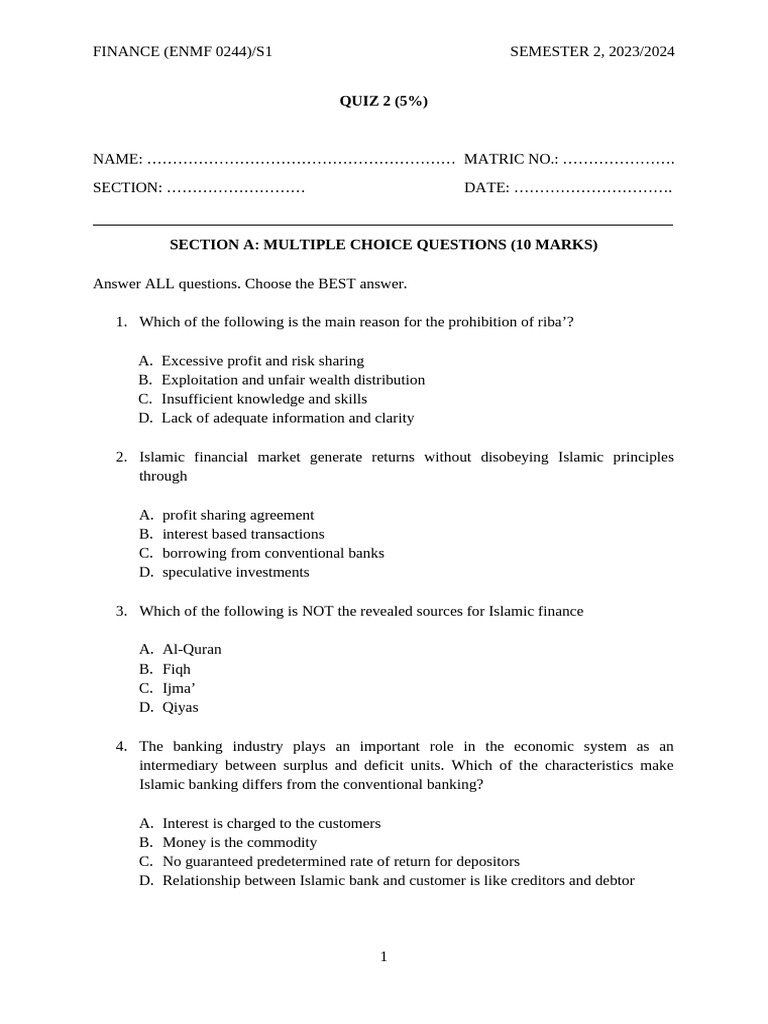 QUIZ FINANCE | PDF | Islamic Banking And Finance | Economies
