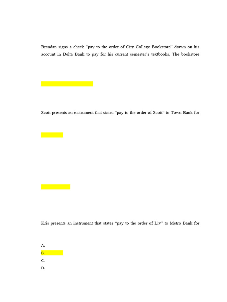 Multiple Choice Questions on Negotiable Instruments | PDF | Cheque | Banks