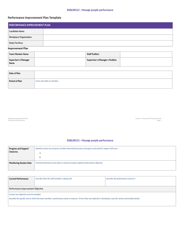 BSBLDR522 Performance Improvement Plan Template | PDF | Creative ...