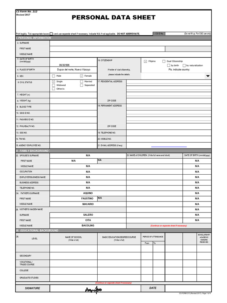 Personal Data Sheet Template | PDF | Passport | Employment
