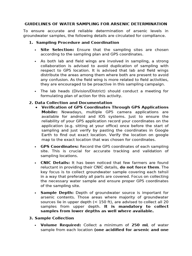 Water Sampling Guidelines for Arsenic | PDF