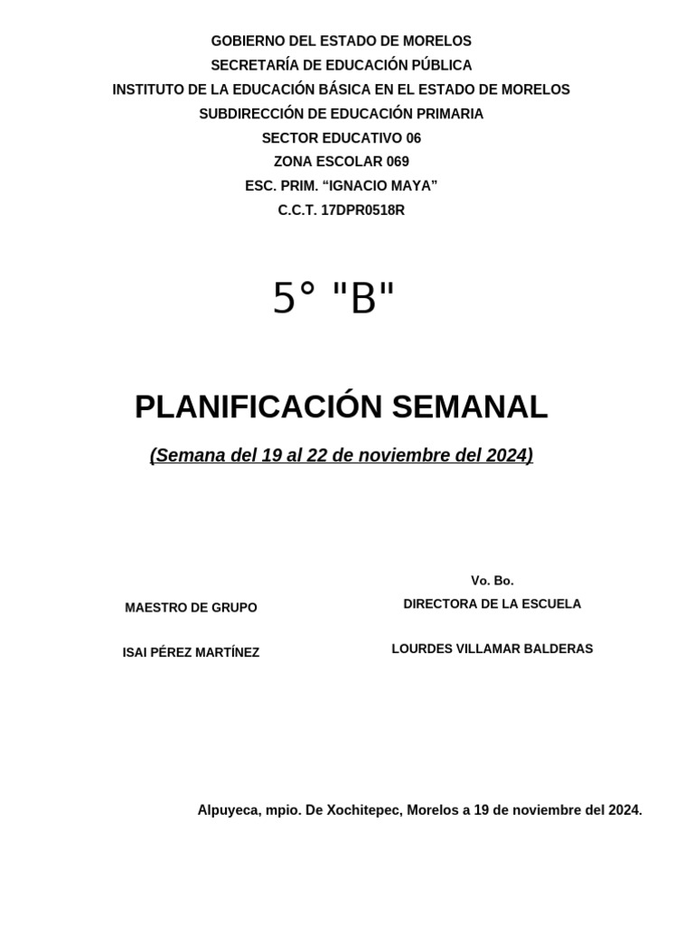 Plan Semanal de Clases 5° "B" | PDF | Aprendizaje | Educación en artes ...
