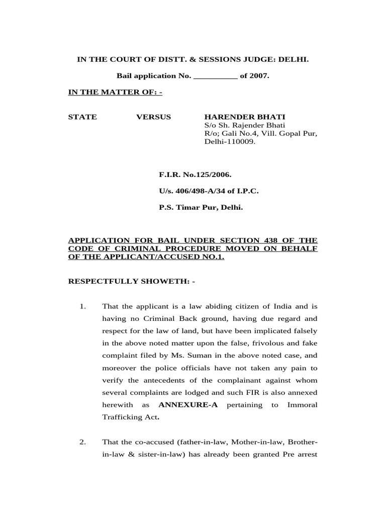 Bail Application Under Section 438 CrPC | PDF | Bail | Criminal ...