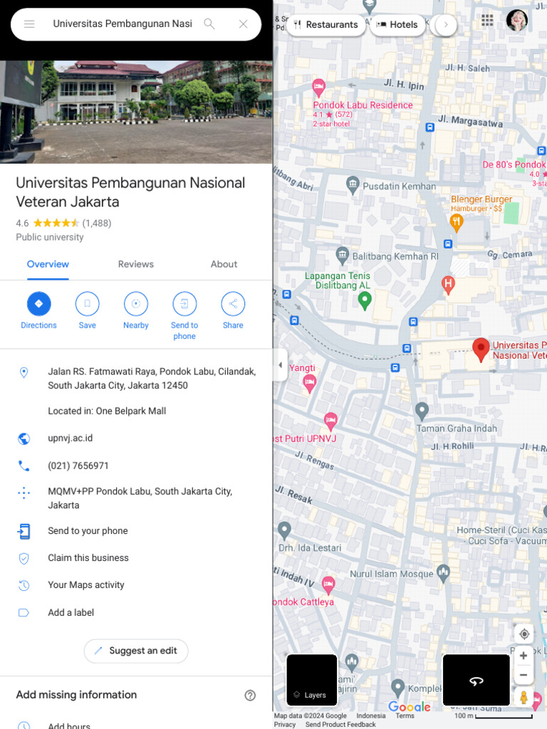 Universitas Pembangunan Nasional Veteran Jakarta - Google Maps | PDF