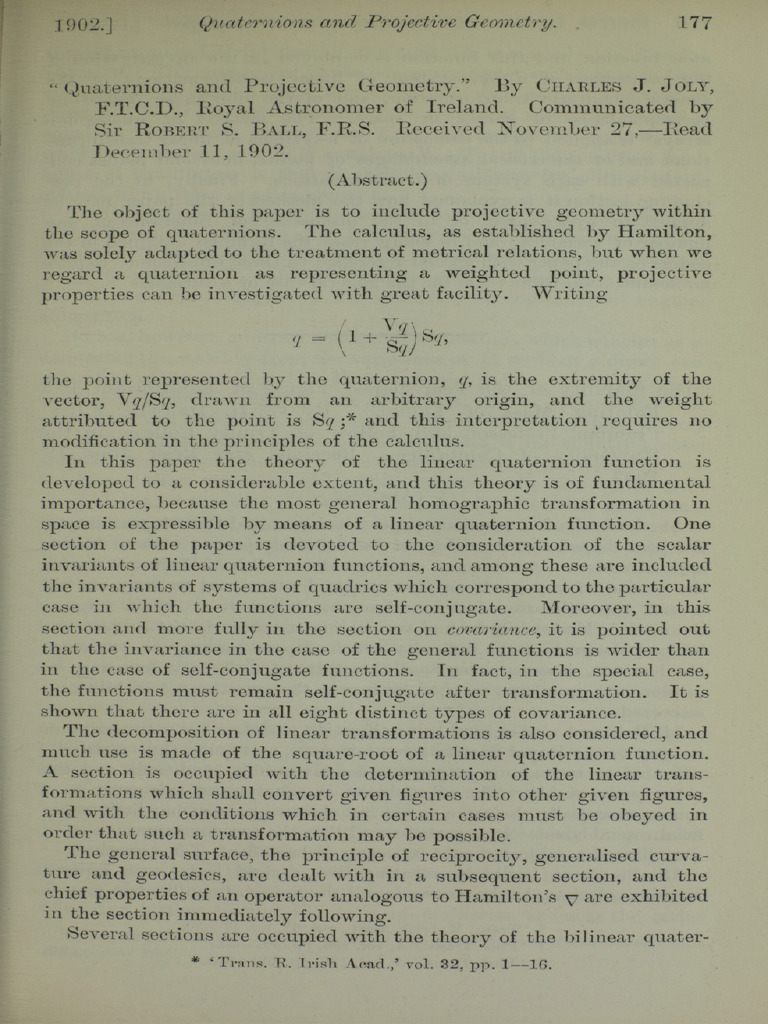Joly Ball 1997 Quaternions and Projective Geometry | PDF | Projective ...
