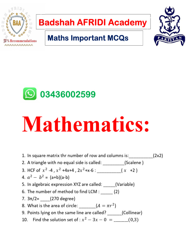 Pak Navy Mathematics Badshah Afridi Academy | PDF | Matrix (Mathematics ...