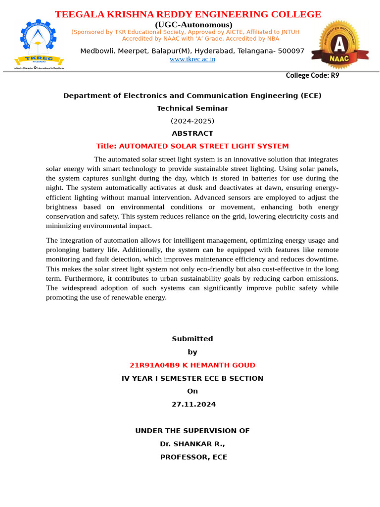 Technical Seminar Abstract FORMAT | PDF | Automation | Street Light