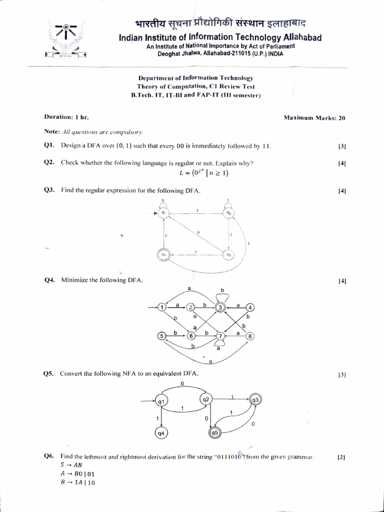 Theory of Computation Review Test | PDF | Regular Expression ...