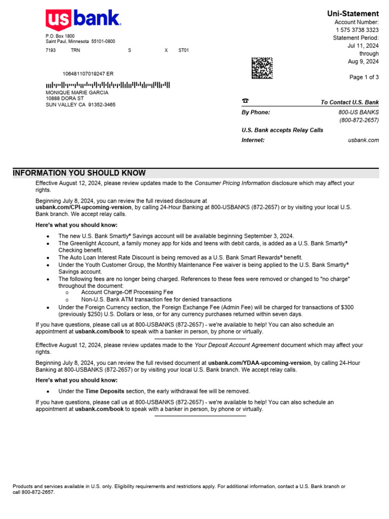 2024-08-09 Statement - USB Safe Debit Account 3323 | PDF | Credit Card ...