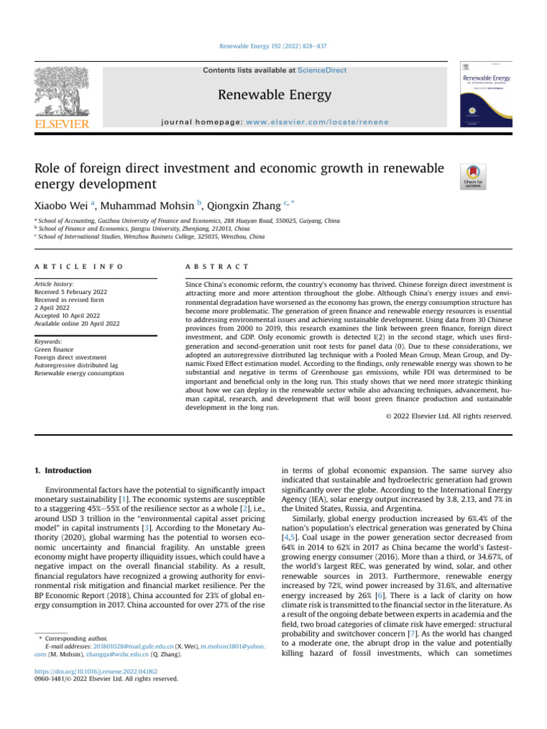 Role of Foreign Direct Investment and Economic Growth in Renewable ...