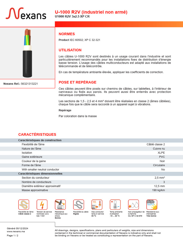 Fiche technique câble U-1000 R2V Nexans | PDF | Électrotechnique ...