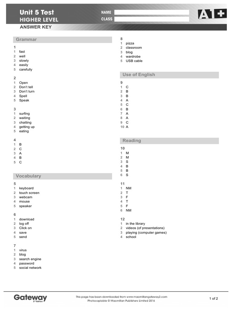 A1+ UNIT 5 Test Answer Key Higher | PDF | Linguistics | Human Communication