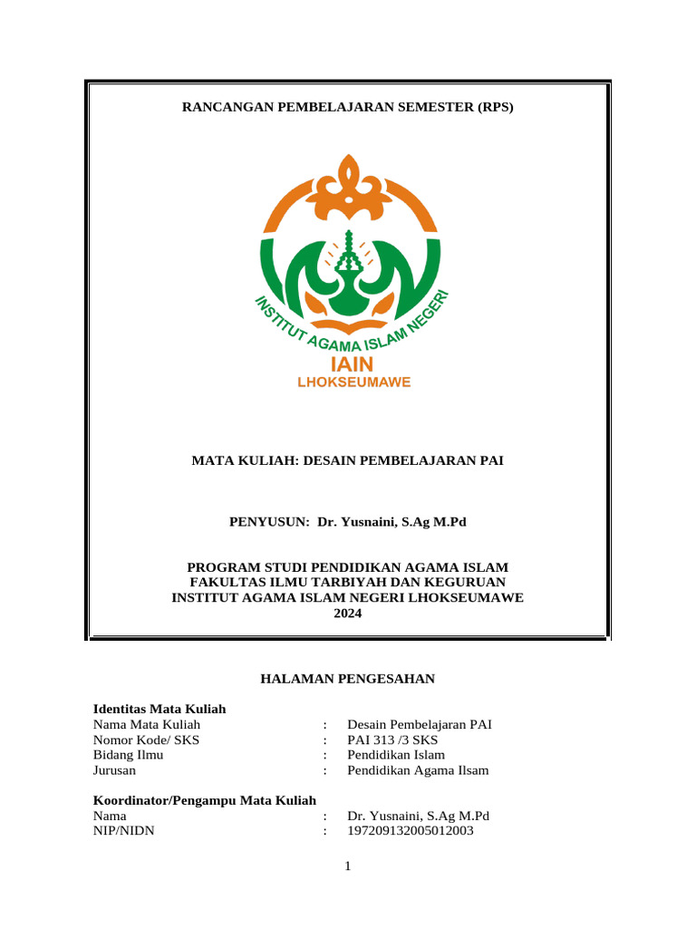 Yusnaini Rps Mk Desain Pembelajaran 2024 2025 Pdf