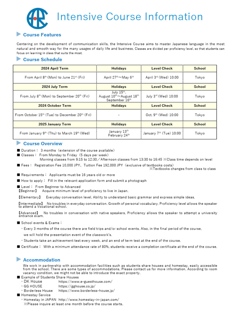 Intensive Japanese Course Details | PDF | Fee | Tuition Payments
