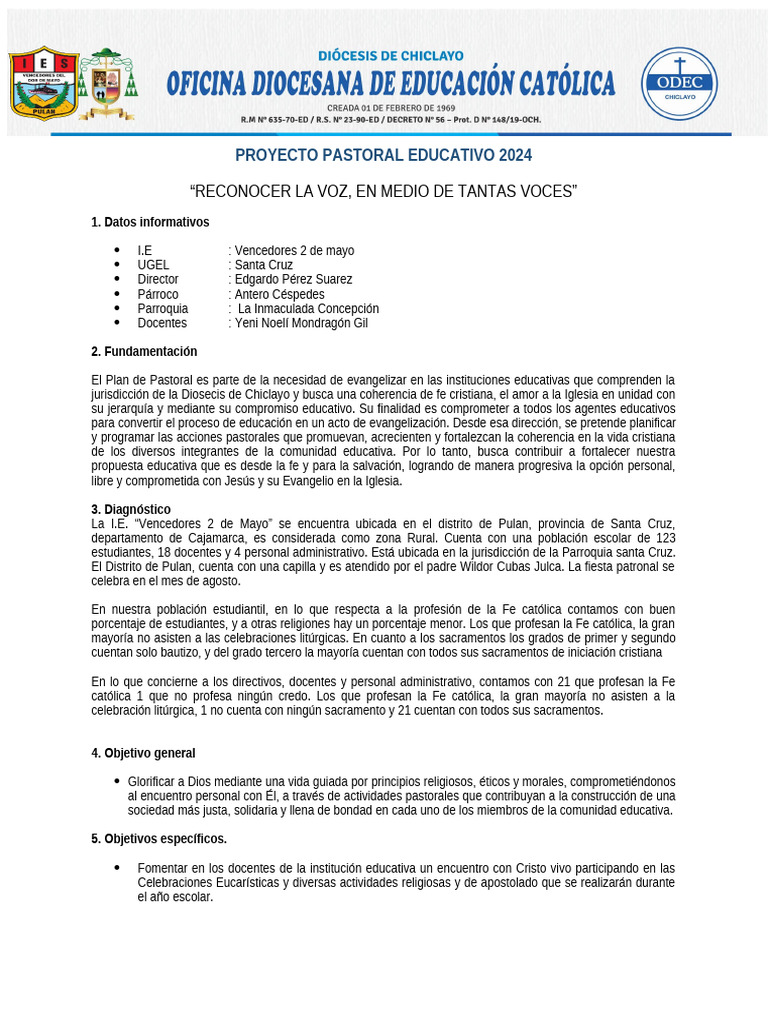 Proyecto Pastoral Educativo 2024 | PDF | Iglesia Católica | eucaristía