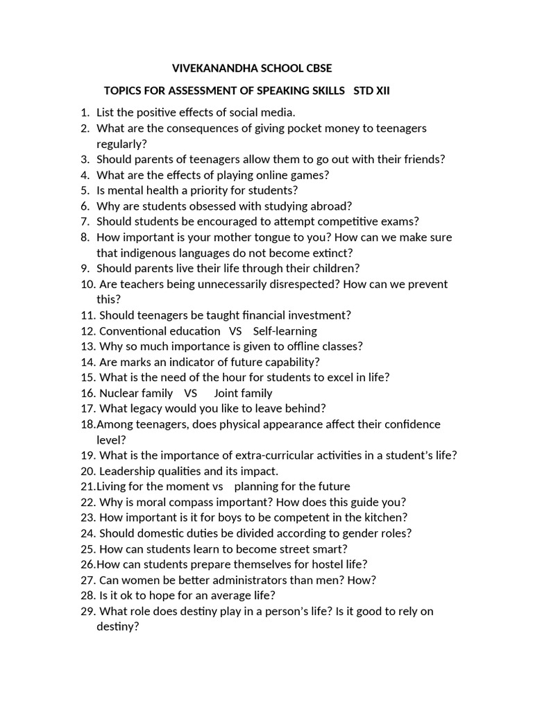 ASL Topics for Class 12 Speaking Skills | PDF | Adolescence | Social ...