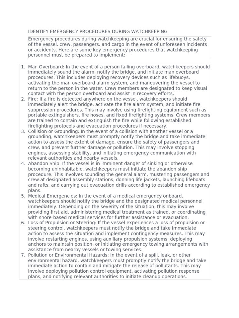 Emergency Procedures for Watchkeeping | PDF | Firefighting ...
