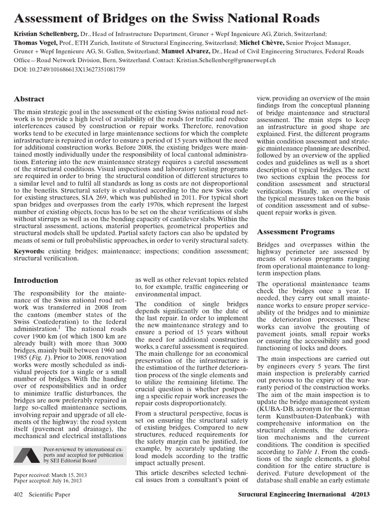 Assessment of Bridges On The Swiss Natio | PDF | Bridge | Concrete