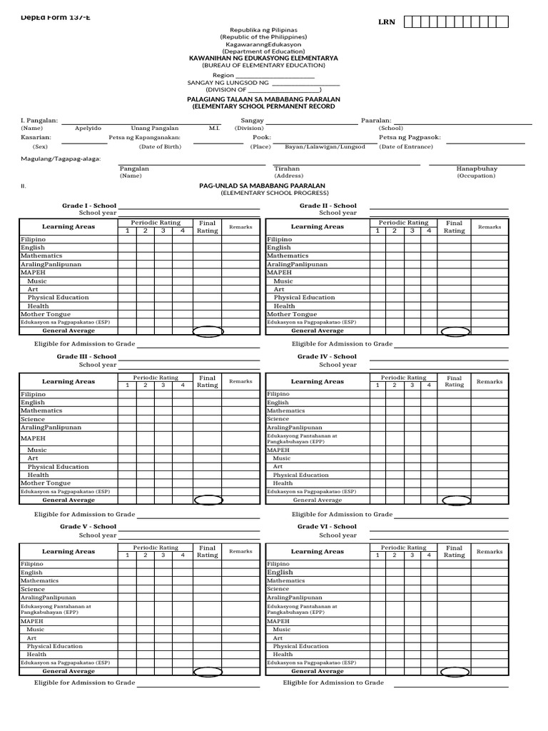 Elementary School Permanent Record Form | PDF