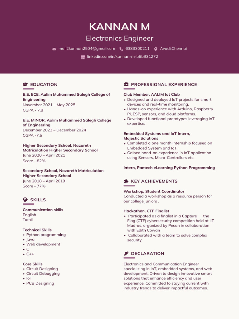Kannan m Flowcv Resume 20241023 | PDF | Internet Of Things | Embedded ...