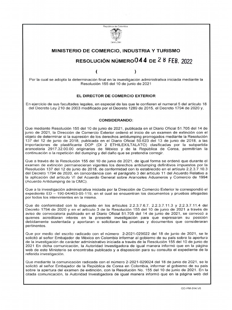 Resolucion 044 Del 28 de Febrero de 2022 | PDF