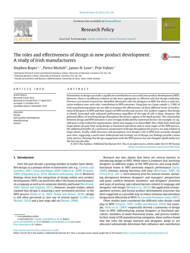 The Roles and Effectiveness of Design in New Product Development A ...