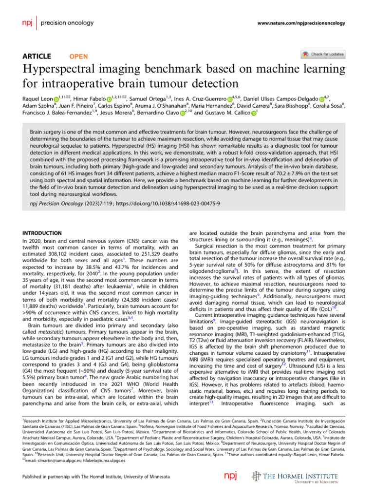 Hyperspectral Imaging Benchmark Based On Machine Learning For ...