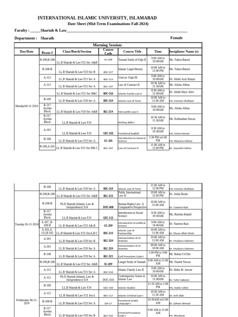 Mid Term Date Sheet Fall 2024 Dept of Shariah | PDF | Sharia | Islamic ...