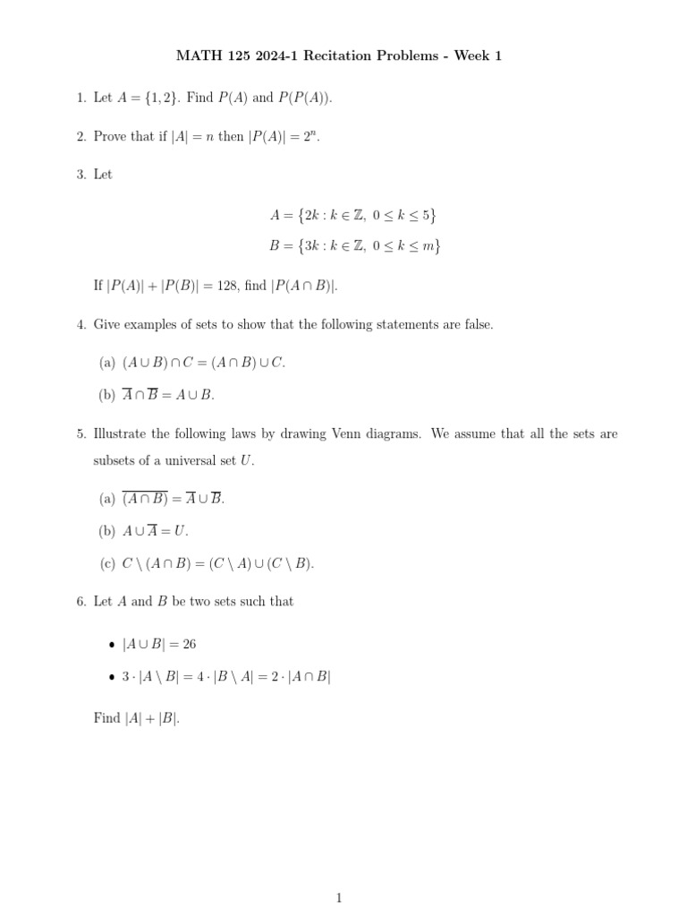 MATH 125 Week 1 Recitation Problems | PDF